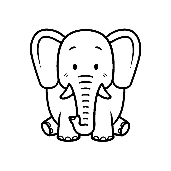 Dessin en noir et blanc d'un éléphant assis vu de face. L'éléphant est représenté avec de grandes oreilles, une trompe et de grandes défenses. Les détails du visage et du corps de l'éléphant sont clairement visibles.