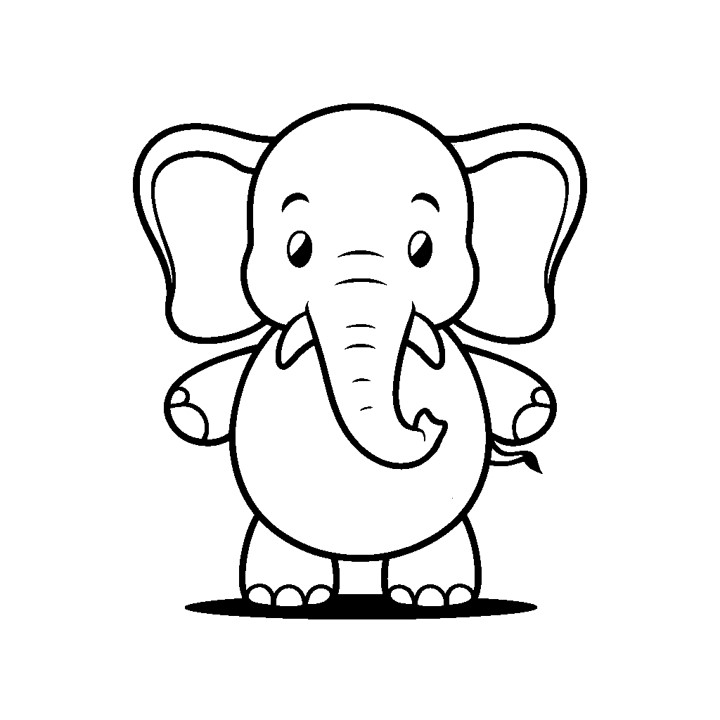 Dessin en noir et blanc d'un éléphant debout avec les bras tendus. L'éléphant est représenté avec de grandes oreilles, une trompe et de grandes défenses. Les détails du visage et du corps de l'éléphant sont clairement visibles.