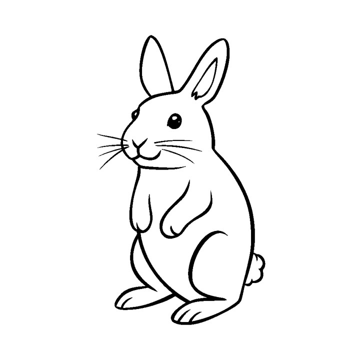 un dessin simple, en noir et blanc, d'un lapin de bande dessinée. Le lapin se tient debout sur ses pattes arrière, ses pattes avant étant repliées sous son corps et ses pattes avant reposant sur le sol. Sa tête est tournée sur le côté, avec les oreilles tournées vers l'arrière et légèrement vers le haut. Les yeux du lapin sont fermés et sa bouche est également fermée. Les oreilles du lapin sont grandes et dressées. Le dessin est monochrome et ne comporte pas d'autres couleurs ni d'ombres. Le lapin est le seul objet de l'image et n'a pas d'arrière-plan. Le dessin est simpliste, sans trop de détails ni ombres, ce qui en fait une illustration plutôt qu'une représentation réaliste. La posture du lapin et la façon dont il se tient donnent l'impression qu'il est content.