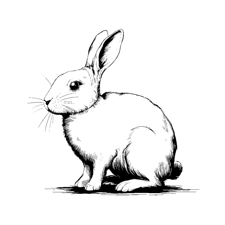 Illustration en noir et blanc assez réaliste d'un lapin qui regarde vers la gauche avec ses oreilles dressées. Il a une petite tête et un corps long et mince. Le lapin a un petit œil noir rond et un petit nez noir. Il est debout sur ses quatre pattes sur une surface plane. Ce dessin a une apparence esquissée et détaillée.