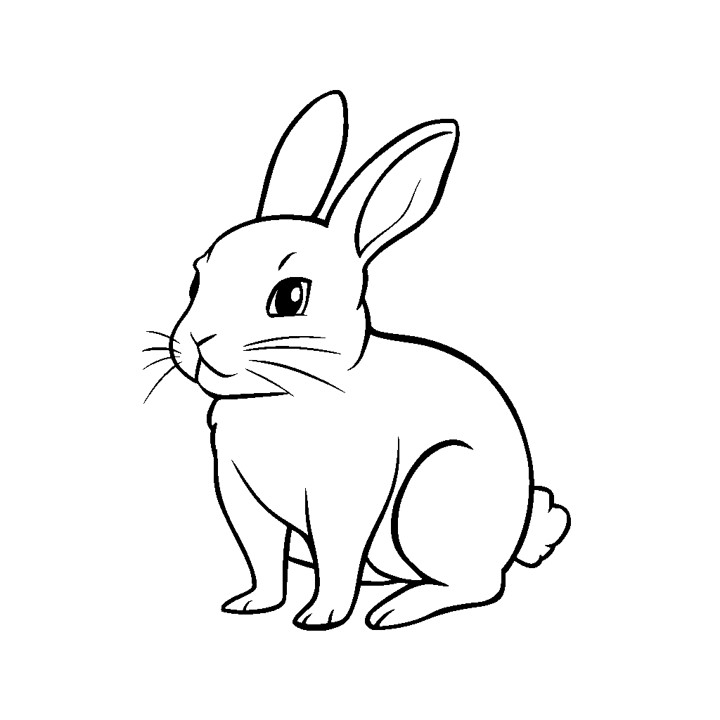 Un dessin simple, en noir et blanc, d'un lapin assis. Le lapin a les oreilles dressées et une expression faciale amicale. Il est représenté de manière caricaturale, avec des traits exagérés et des lignes simples. La posture du lapin suggère une attitude alerte et curieuse. Le fond de l'image est blanc et aucun autre élément n'est présent.