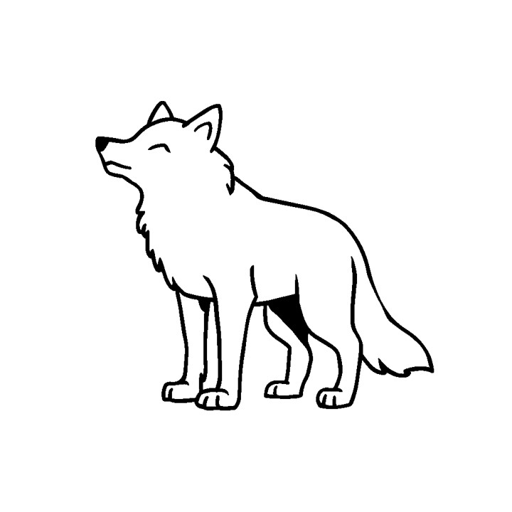 Dessin en noir et blanc entier assez simple et facile d'un loup. Fond blanc, contour noir, idéal pour coloriage.