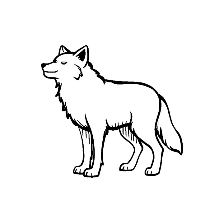 Dessin facile, en noir et blanc entier d'un loup avec un sourire en coin. Fond blanc contour noir pour coloriage