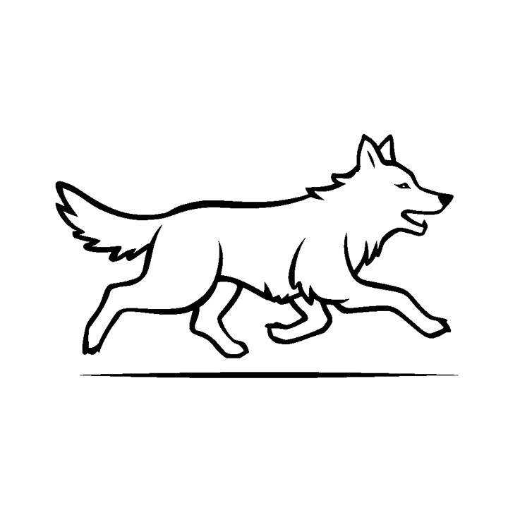 Un dessin au trait en noir et blanc d'un loup en train de courir. Le loup est dessiné de manière stylisée, avec les pattes tendues et la queue haute. On a l'impression qu'il court vite. Le dessin est simple mais efficace, et il rend bien l'énergie et le mouvement du loup.