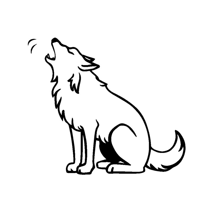 Un dessin au trait en noir et blanc d'un loup assis et hurlant. Il est tourné vers la gauche et sa queue est enroulée derrière lui. Les oreilles du loup sont dressées et sa gueule est ouverte. Le dessin est simple et stylisé, avec un minimum de détails. Il s'agit d'une illustration style cartoon.