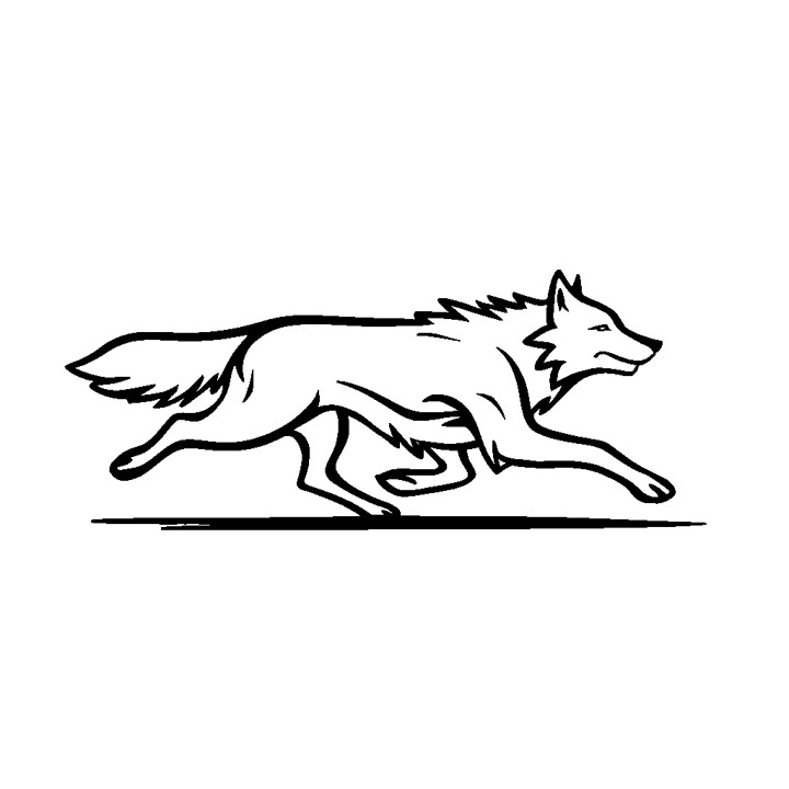 Dessin au trait en noir et blanc d'un loup en train de courir. Le loup est tourné vers la droite à mi-course. Le loup court sur une surface plane.