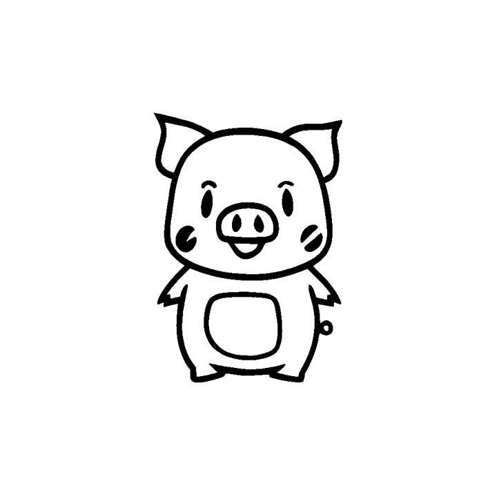 un dessin en ligne simple d'un cochon de dessin animé avec une expression souriante et un bouton sur son dos. Le cochon a un visage rond avec un petit nez, deux yeux et un grand sourire. Il a une ligne courbe pour une bouche et pas de bouche. Le cochon a un corps rond avec une petite tache sur son dos. Le cochon est debout sur ses quatre pattes. Le cochon a un contour noir et pas de couleur. L'image a un fond blanc.