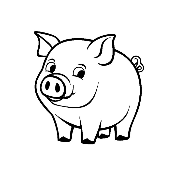 un dessin simple d'un petit cochon souriant. Le cochon est dessiné dans un style cartoon, avec de grands yeux expressifs et un large sourire joyeux. Il semble être debout sur ses quatre pattes, avec ses pattes avant légèrement pliées, lui donnant une apparence détendue et joyeuse. L'image est monochromatique, avec le cochon et son arrière-plan en noir et blanc. Le cochon est le seul élément de l'image, sans aucun autre objet ou texte présent. Le cochon est dessiné dans un style cartoon très simpliste, lui donnant une apparence ludique et amicale.