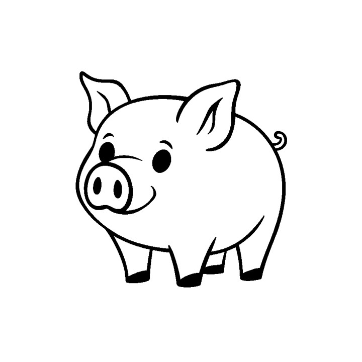 un dessin simple d'un petit cochon avec un grand sourire. Le cochon est dessiné avec des lignes noires sur un fond blanc. Le cochon est représenté debout sur ses quatre pattes, avec ses pattes avant légèrement écartées et ses pattes arrière ensemble. Les yeux du cochon sont grands et noirs, avec un petit nez et une petite bouche noirs. Les oreilles du cochon sont pointues, et son corps est légèrement courbé.