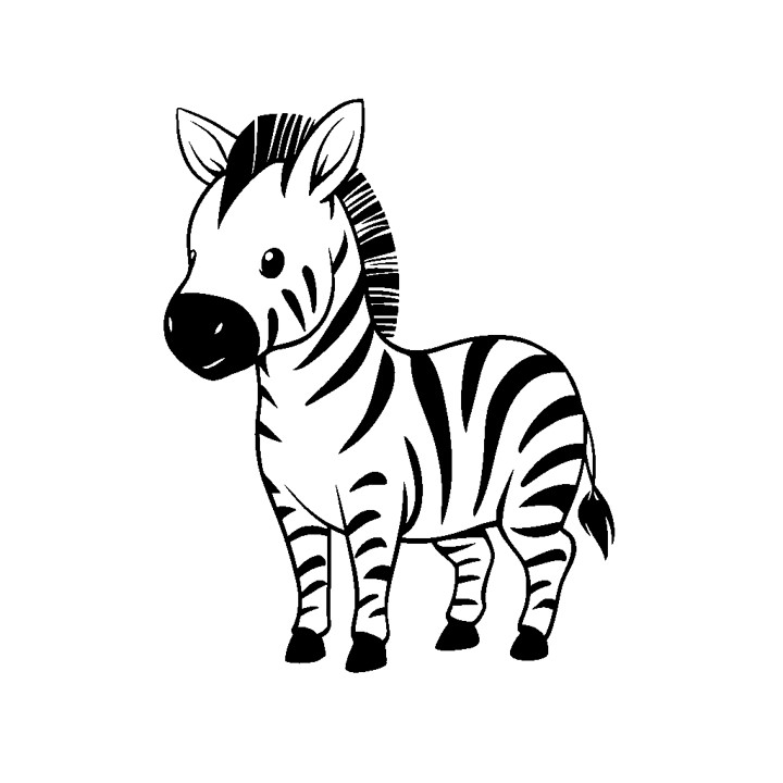 Dessin en noir et blanc d'un petit zebre où l'on remarque bien les caractéristiques du zebre mais sans trop de détails. Lignes et contour noir avec fond blanc.