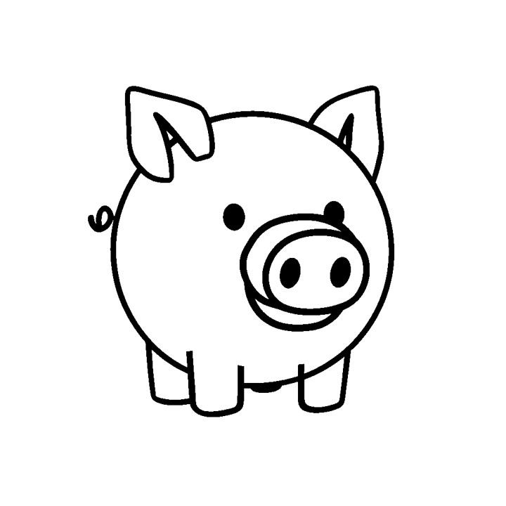 un dessin simple d'un cochon. Le cochon a une tête ronde avec un grand sourire amical, deux petites oreilles, deux yeux et un petit nez noir. Son corps est rond et pelucheux, et sa queue est courte et courbée. Le cochon semble être debout sur ses quatre pattes, avec ses pattes arrière légèrement relevées. Le dessin est en noir et blanc, sans couleurs supplémentaires ni ombrage, lui donnant une apparence très simple et de dessin animé.