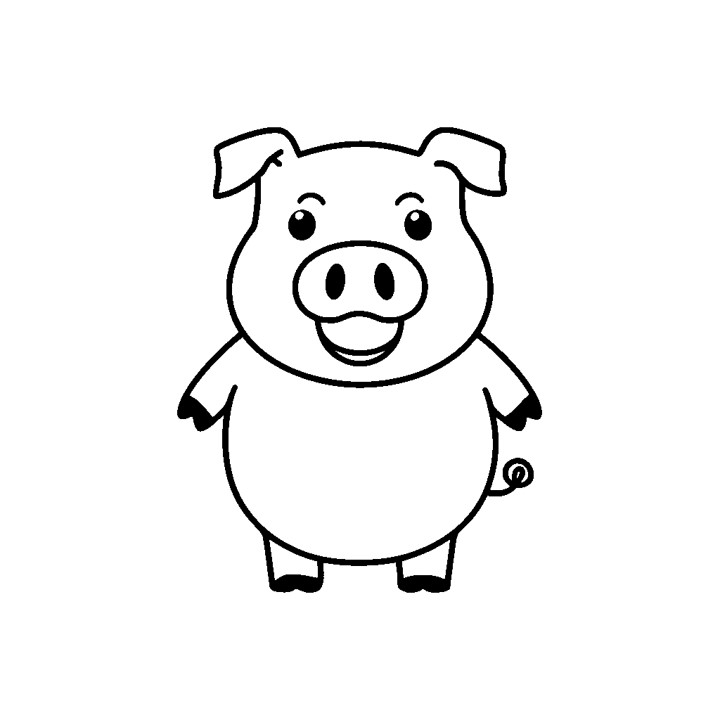 un simple dessin au trait en noir et blanc d'un cochon de dessin animé. Le cochon se tient debout sur ses pattes arrière, avec une expression souriante sur le visage. Il a deux oreilles, deux yeux, un nez et deux petites oreilles sur la tête. Le corps du cochon est rond et il se tient à quatre pattes, les pattes avant légèrement pliées. Ses pattes arrière sont tendues derrière lui et sa queue est recourbée vers le haut. Dans l'ensemble, le cochon a une apparence mignonne et caricaturale.