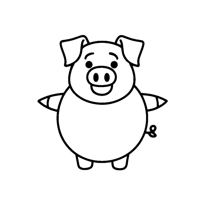 un dessin simple et cartoon d'un cochon debout. Le cochon est représenté de profil, regardant vers le spectateur, avec ses pattes avant visibles. Il semble heureux avec un sourire sur son visage. Le dessin est en noir et blanc, détaillé avec des lignes fines noires. Le cochon est placé sur un fond blanc uni. Il n'y a pas de texte ni d'autres éléments visibles dans l'image.