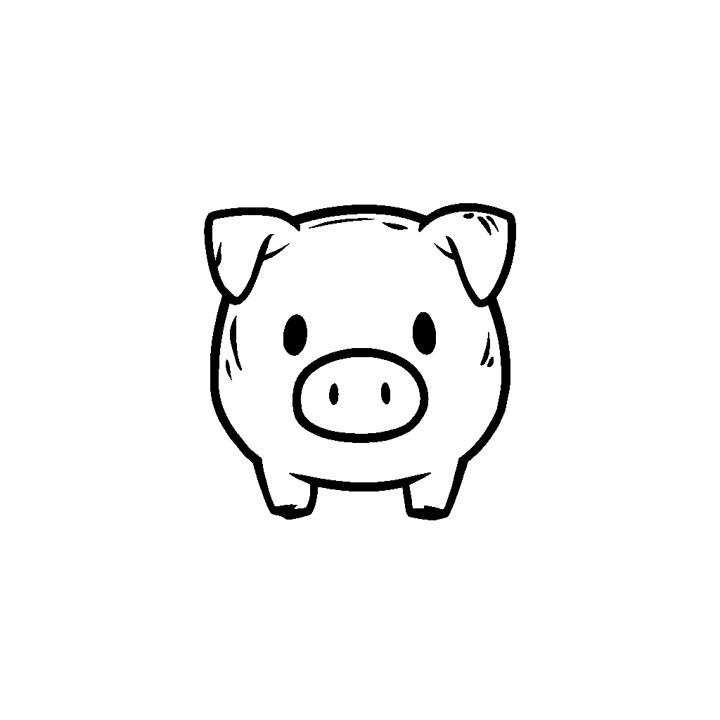 un dessin simple d'un cochon. Le cochon est dessiné dans un style cartoon avec quelques détails tels que les yeux, le nez et les oreilles. Sa tête est ronde avec un petit museau et des oreilles incurvées. Le cochon regarde vers l'avant et semble se tenir sur ses pattes arrière. L'image est assez minimaliste avec un schéma de couleurs noir et blanc simple. Le cochon est centré dans l'image sans autres objets ou détails de fond. La simplicité de l'image la rend adaptée à divers usages tels qu'un logo ou une image décorative.