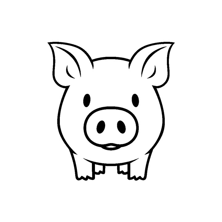 Dessin simple en noir et blanc d'un cochon. Le cochon est représenté de face avec sa tête légèrement inclinée vers la gauche. Il a de grands yeux ronds, un petit museau et deux petites oreilles sur le dessus de sa tête. Son corps est montré avec deux pattes avant, deux pattes arrière. Le dessin a un style minimaliste sans détails supplémentaires ni ombrage.