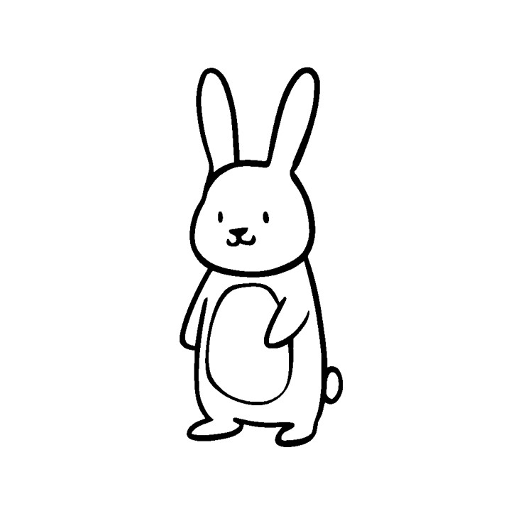 Un dessin simple d'un lapin, en noir et blanc. Le lapin est représenté de manière cartoon, debout sur deux pattes, avec ses pattes avant reposant sur le sol. Il a un corps rond, deux grandes oreilles et un visage simple avec deux petits yeux et un petit nez. Le dessin est en noir et blanc, avec un contour noir et un remplissage blanc, sans couleur ni ombrage supplémentaires. Le lapin est représenté sur un fond blanc uni. Le dessin est simple, minimaliste dessinée à la main ou numérique.