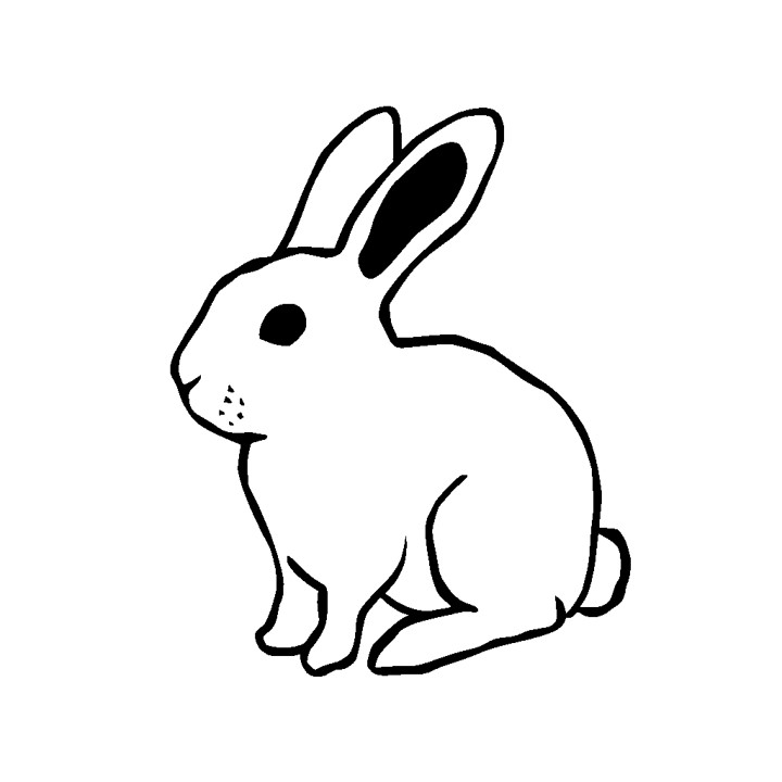 Dessin simple en noir et blanc d'un lapin qui est assis, de profil, et il a deux grandes oreilles, de petits yeux, un nez, une bouche et une queue recourbée. Dessin tracé en noir sur un fond blanc.