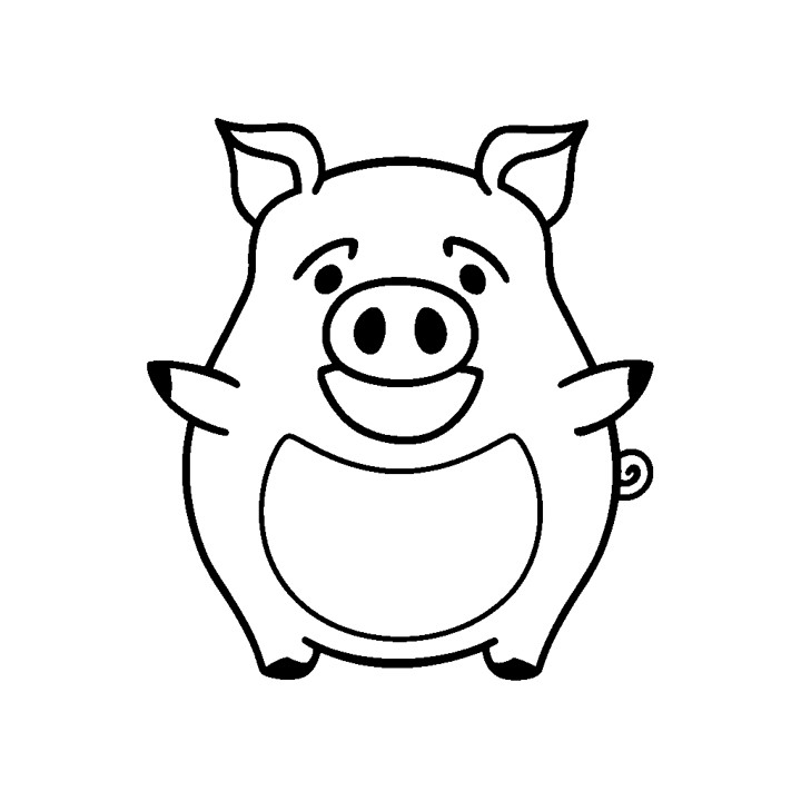 un dessin simple d'un cochon de style cartoon. Le cochon sourit, a deux petites oreilles, deux yeux et un corps rond. Il semble se tenir debout sur ses pattes arrière. Le dessin est en noir et blanc, avec un style minimaliste et peu de détails.