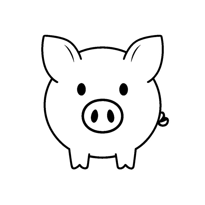 un dessin simple en noir et blanc d'un cochon. Le cochon est représenté de manière cartoon avec une grosse tête, deux petites oreilles sur le dessus, deux yeux, et un petit museau avec une petite bouche. Le cochon est debout, centré, et regarde vers l'avant. C'est une illustration minimaliste sans éléments supplémentaires ou couleurs.